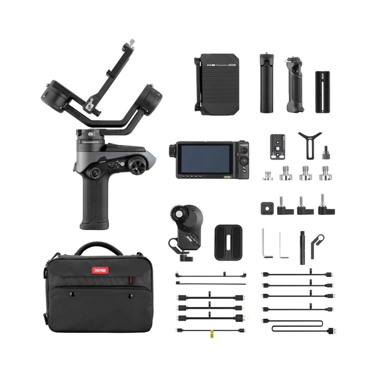 Weebill-2 kit accessories, camera handle, touchscreen monitor, and black storage case